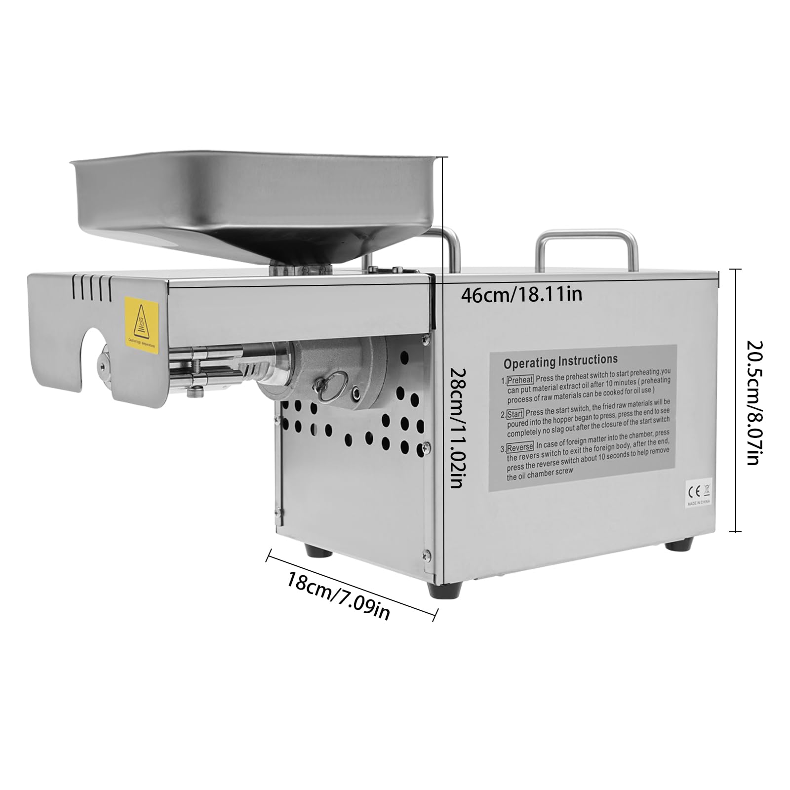 Elektrische Ölpresse 800W Edelstahl mit Kalt-/Heißpressfunktion – Ölextraktor für Nüsse & Saaten, 220V, 32-482°F, 90% Ausbeute, 15dB Leise