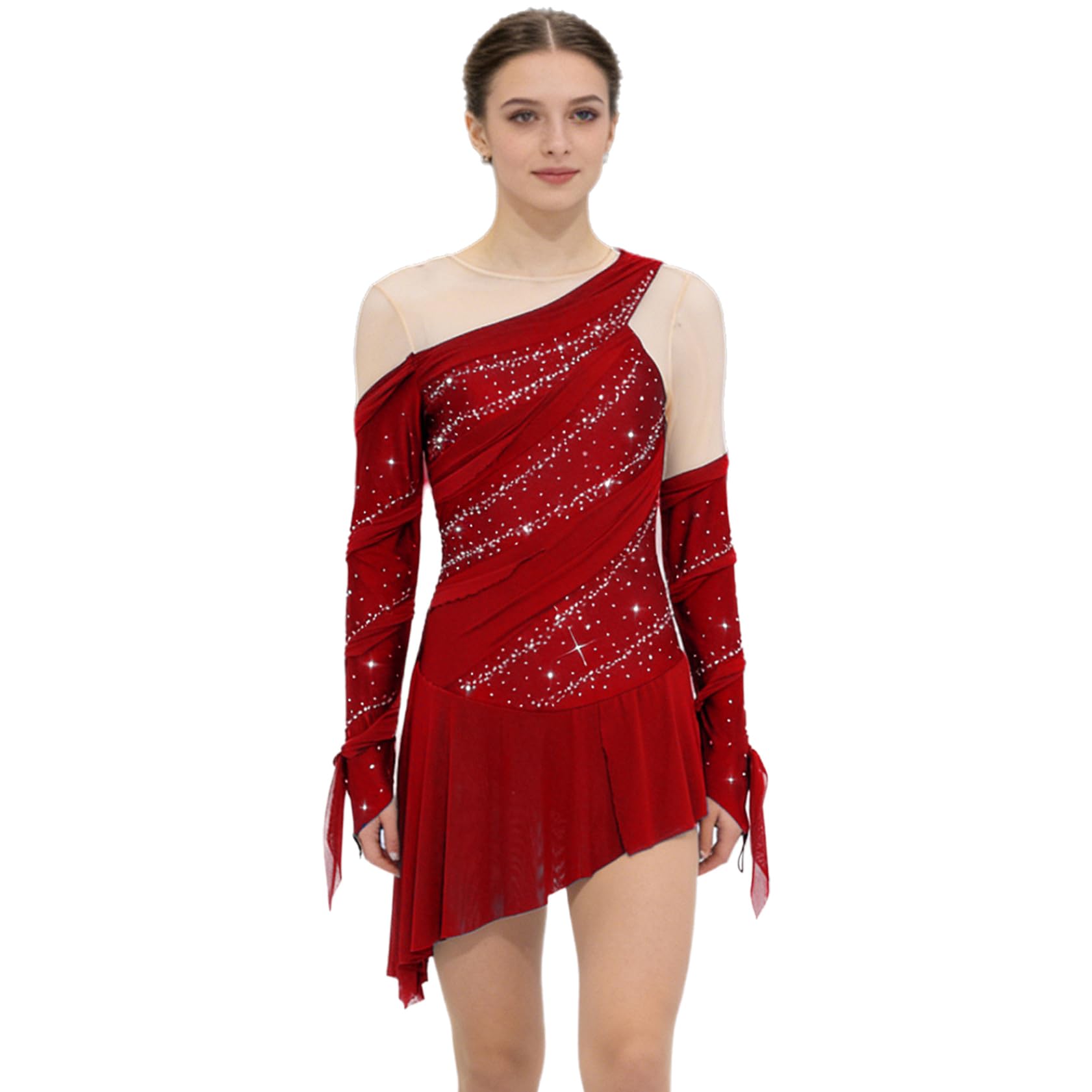 Sywiyi Damen Eiskunstlauf Kleid Langarm Rollkunstlauf Kleid Glitzer Tanzkleid Trikot mit Mesh Rock Kürkleid Wettkampf Bühnen Auftritt Outfit
