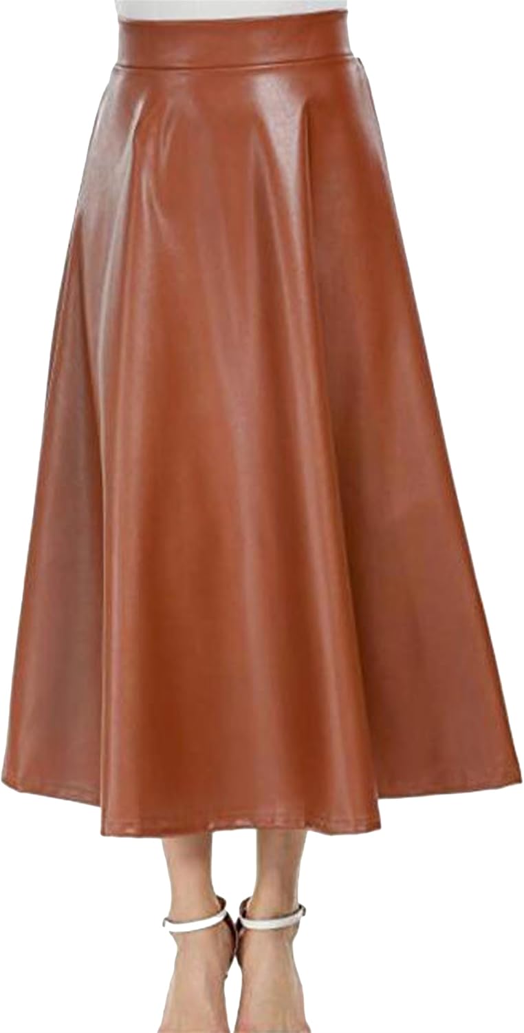 WIWIQS Women PU Faux Leather Skirts High Waisted A Line Skirt Ankle Length Flared Casual Skirt