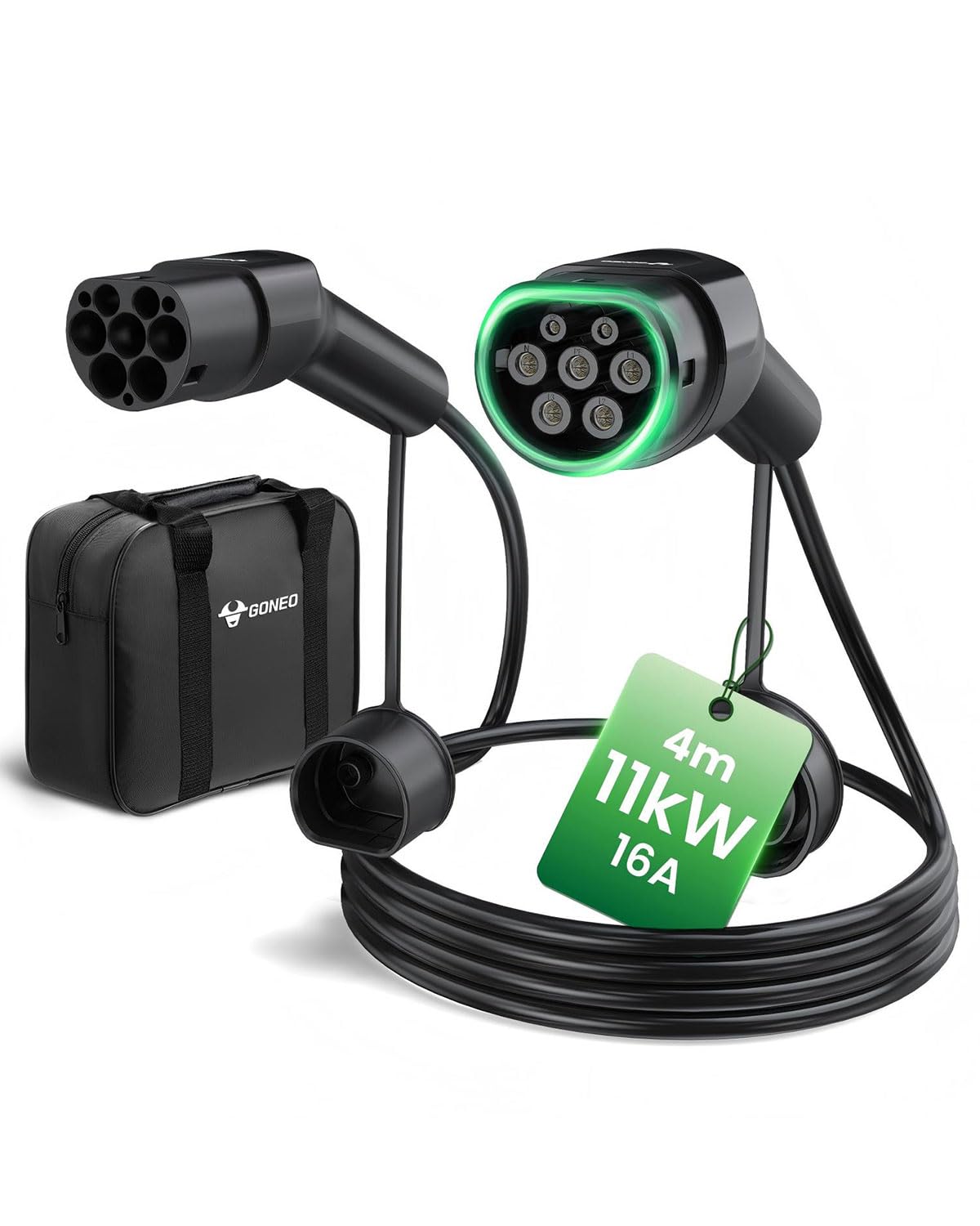 GONEO Kabel do ładowania samochodu elektrycznego typu 2, 11 kW/4 metry / 16 A/trójfazowy / tryb 3/IP54 Wodoodporny, kabel szybkiego ładowania do hybrydowych pojazdów elektrycznych Plug-in