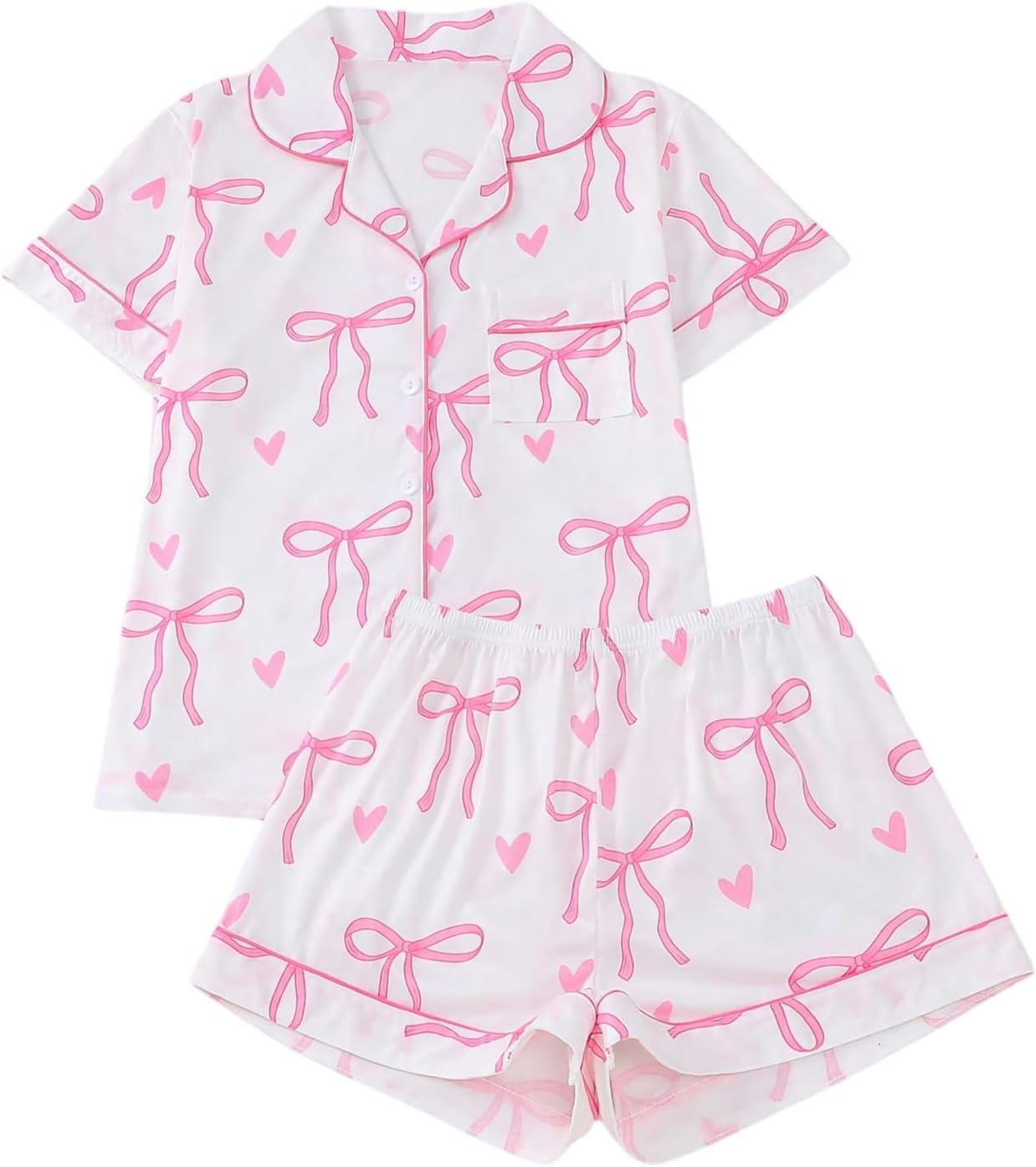 WDIRARA Women's 2 Piece Bow Print Pajama Set Short Sleeve Button Down Lounge Shorts Sleepwear Sets