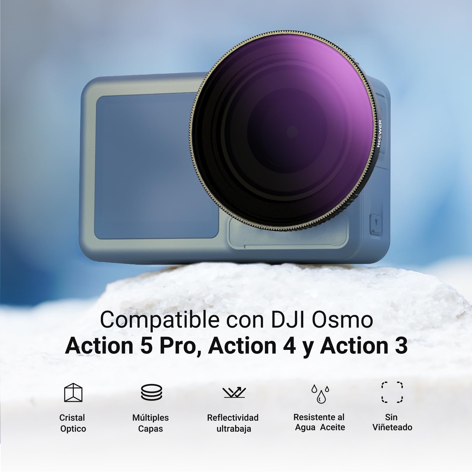 NEEWER Variable ND Filtro Compatible con dji Osmo Action 5 Pro/4/3, ND64-256 6-8 Pasos Snap On Cristal Óptico HD Vidrio Multicapa Densidad Neutra Action CAM Objetivos Filtro Accesorios