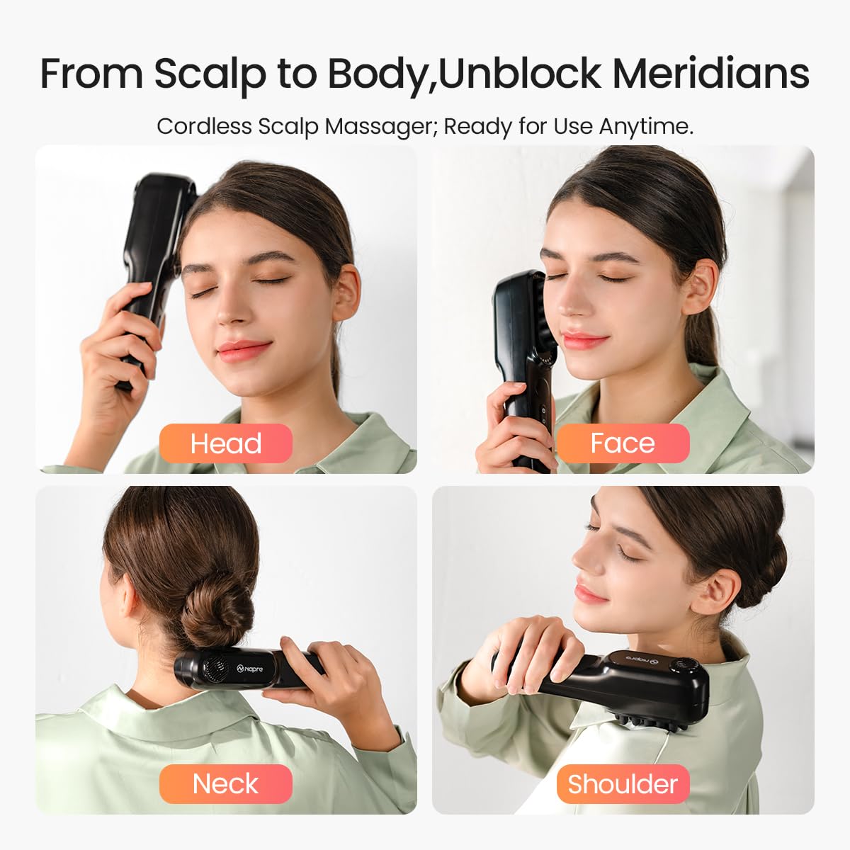 NAPRE Electric Scalp Massager,Head & Hair Massager Scalp Stress Relax,Cordless Handheld Muscle Massager with Horizontal Vibration for Face,Neck,Shoulder & Body