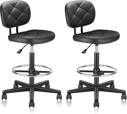 Taburete alto con ruedas de dibujo con soporte de respaldo bajo y anillos ajustables para reposapiés, juego de 2 sillas de escritorio giratorias de