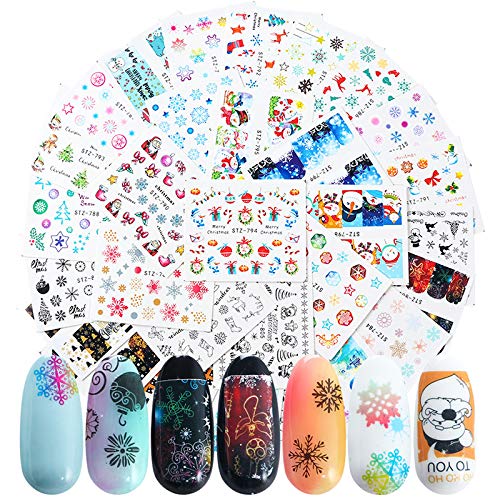 Christmas Nail Art Stickers, 30 Sheets Water Transfer Nail Decals Colorfull Christmas Nail Stickers Snowflake Santa Claus Bell Sock Snowman Art Design for DIY Nails Design Manicure Tips Nail Art Decor