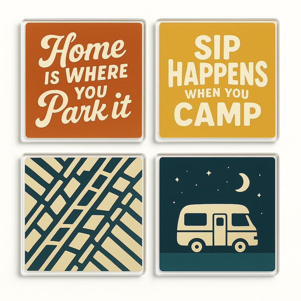 The Plum Penguin Roaming Reverie Acrylic Coaster Gift Set Of 4 With Campervan Adventure Designs - Camping Decor For Caravan Enthusiasts