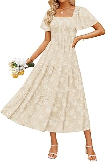 ZESICA Women's Boho Floral Midi Dress 2026 - Short Sleeve Square Neck Flowy Summer Beach Vacation Dress