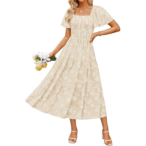 ZESICA Women‘s Summer Boho Floral Midi Dress 2026 Casual Short Sleeve Square Neck Flowy Beach Vacation Long Dress
