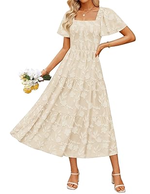 ZESICA Women‘s Summer Boho Floral Midi Dress 2026 Casual Short Sleeve Square Neck Flowy Beach Vacation Long Dress