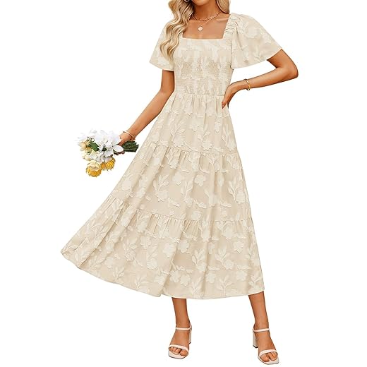 ZESICA Women‘s Summer Boho Floral Midi Dress 2025 Casual Short Sleeve Square Neck Flowy Beach Vacation Long Dress
