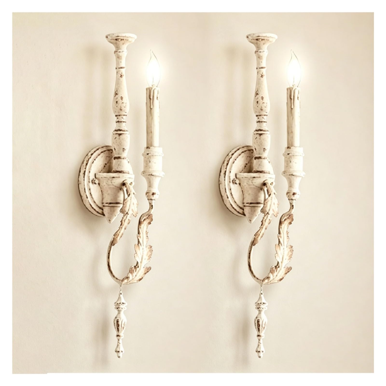 LUOYAOB Set of Two Farmhouse Wood Wall Sconce Industrial Vintage Wall Light with E14 Socket Candle Holder Rustic Wall Lamp Antique Copper for Bedroom Hallway Living Room Bedside(White)