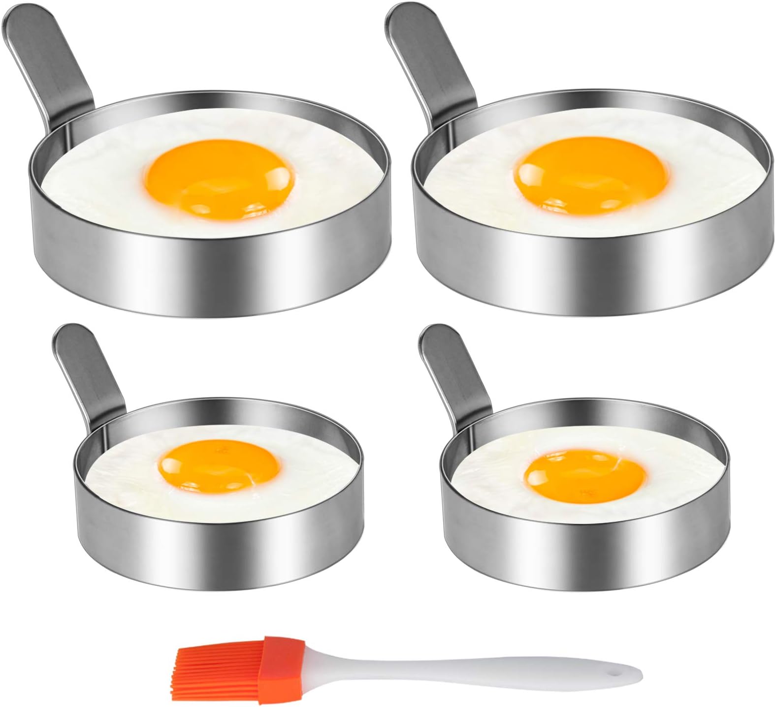Stainless Steel Egg Frying Ring Non Stick Omelet Mold with Silicone Brush (2 Sizes, 4 Packs)