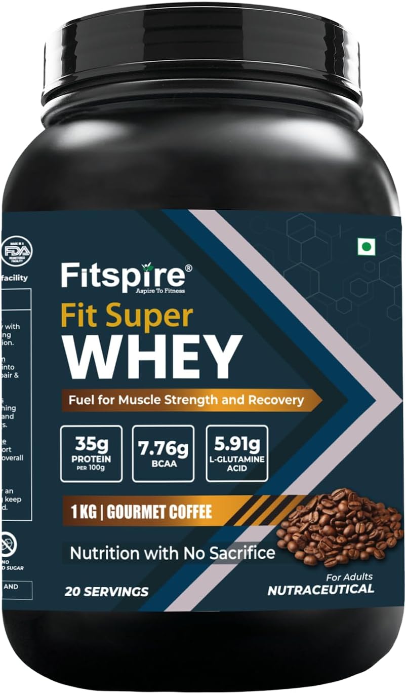 Fitspire Fit Super Whey Protein Powder, Gourmet Coffee Flavour, 1kg | Whey Isolate & Concentrate Blend | 35g Protein per 100g | Digestive Enzymes for Easy Digestion | No Added Sugar | Supports Muscle Recovery & Strength