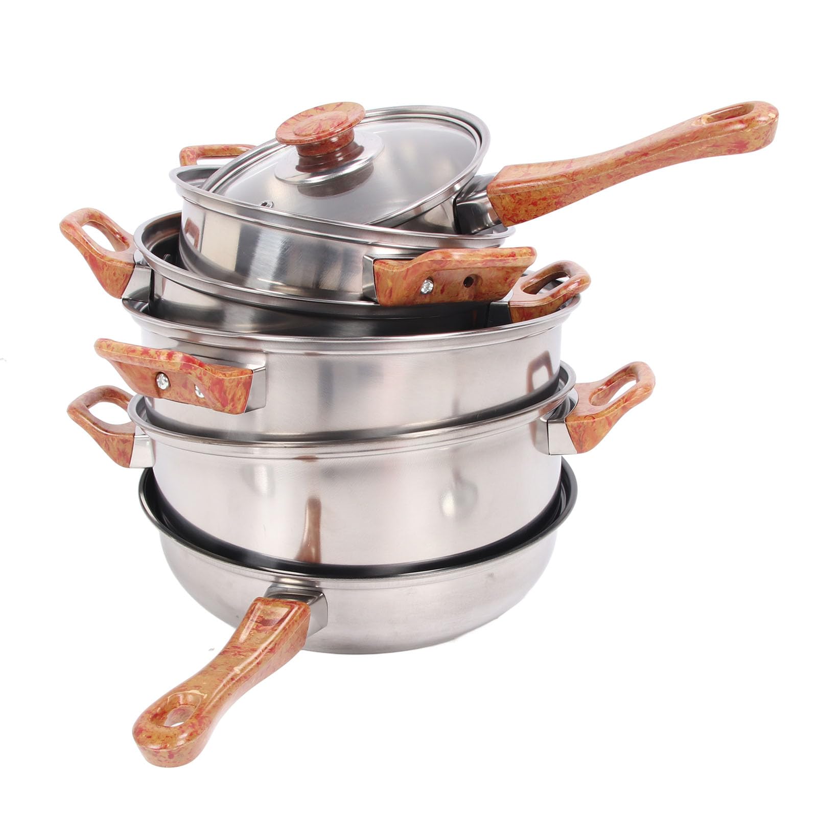 KIMISS Juego de Ollas y Sartenes Multifuncionales, Modelo Veteado de Madera, Acero Inoxidable, Vidrio, Plástico Fenólico con Ergonómico, Juego de Utensilios de Cocina para Sopa - de Utensilios de