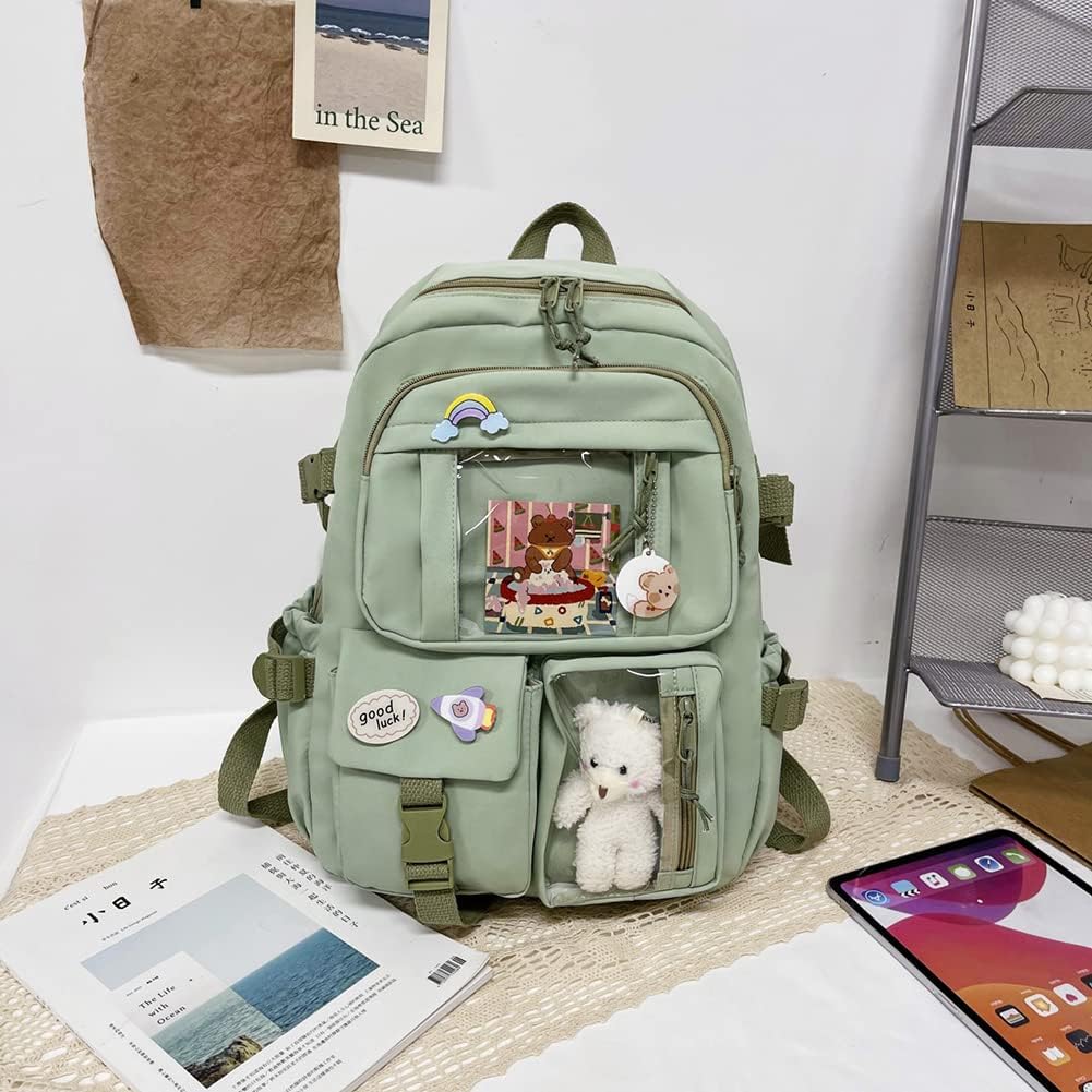 TIAASTAP Kawai Japanse schooltas, schattige boodschappentas met beer, pluche Kawaii pin, esthetische rugzak voor tienermeisjes, kinderen en vrouwen, A Zwart