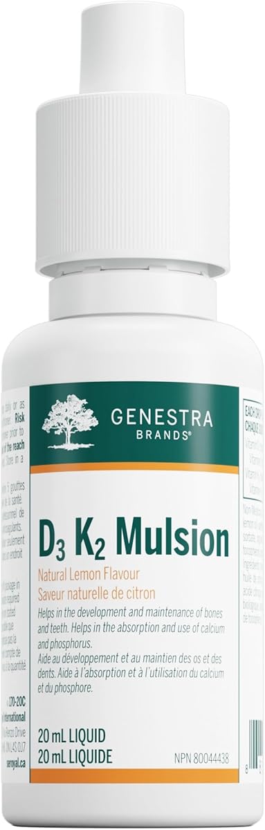 Genestra Brands D3 K2 Mulsion - Vitamin D3 & Vitamin K2 - For Healthy Bones & Teeth - Calcium & Phosphorus Absorption - Non-GMO, Gluten Free & Dairy Free - Natural Lemon Flavour - 20 mL