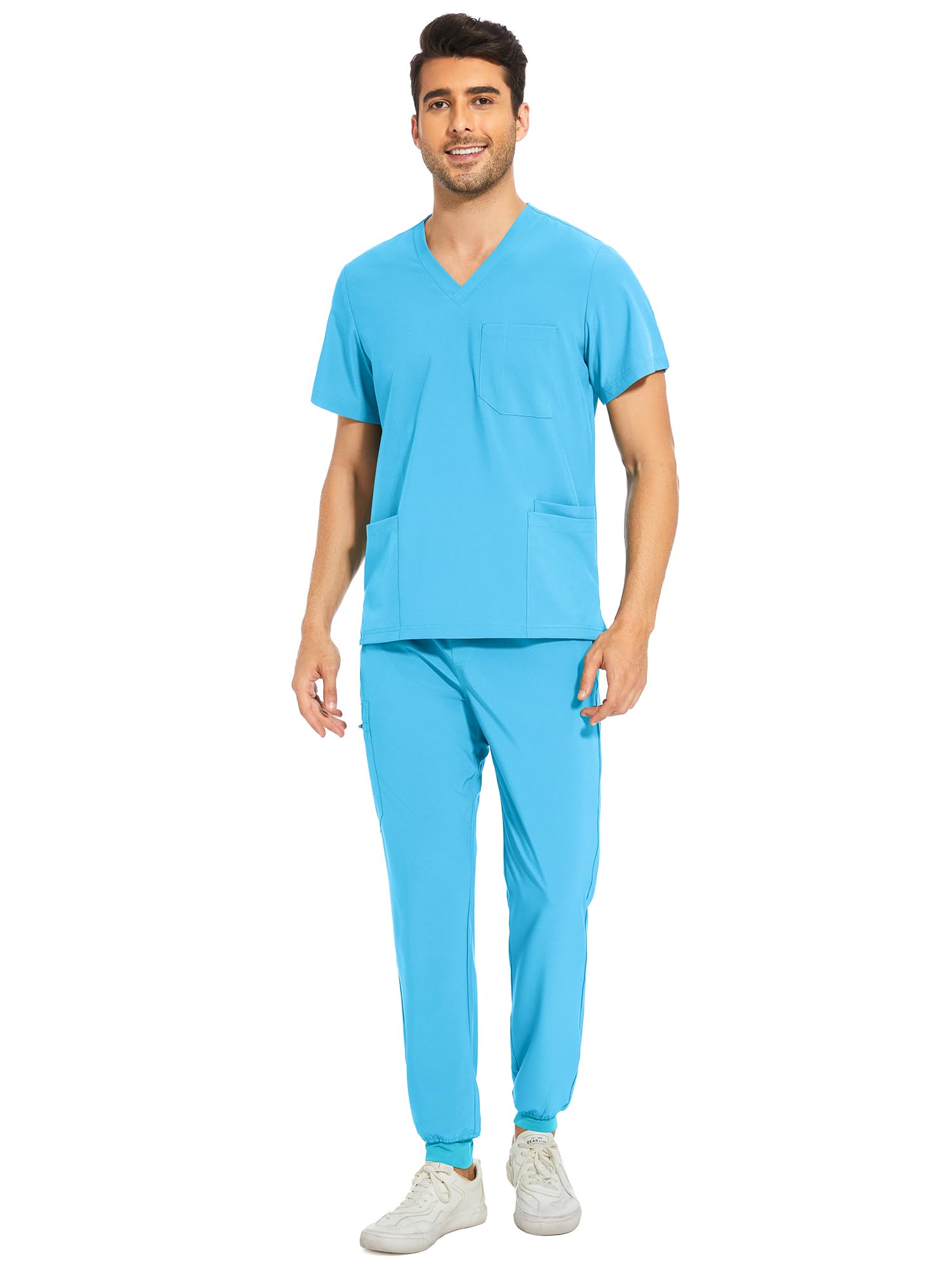 COZYFIT Men Scrubs Set - Stretch V-Neck Scrub Top & Jogger Pant with 8 Pockets, Yoga Waistband, Anti-Wrinkle Scrubs for Men
