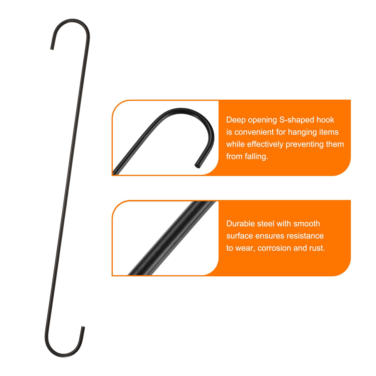HARFINGTON 3 lange S-Haken, 40,6 cm, extra lang, S-Form, aus Metall, hoher Manganstahl, S-Aufhänger, Aufbewahrung, Organisationswerkzeug für Küche, Garten, Badezimmer, Garage, Schrank, Schwarz