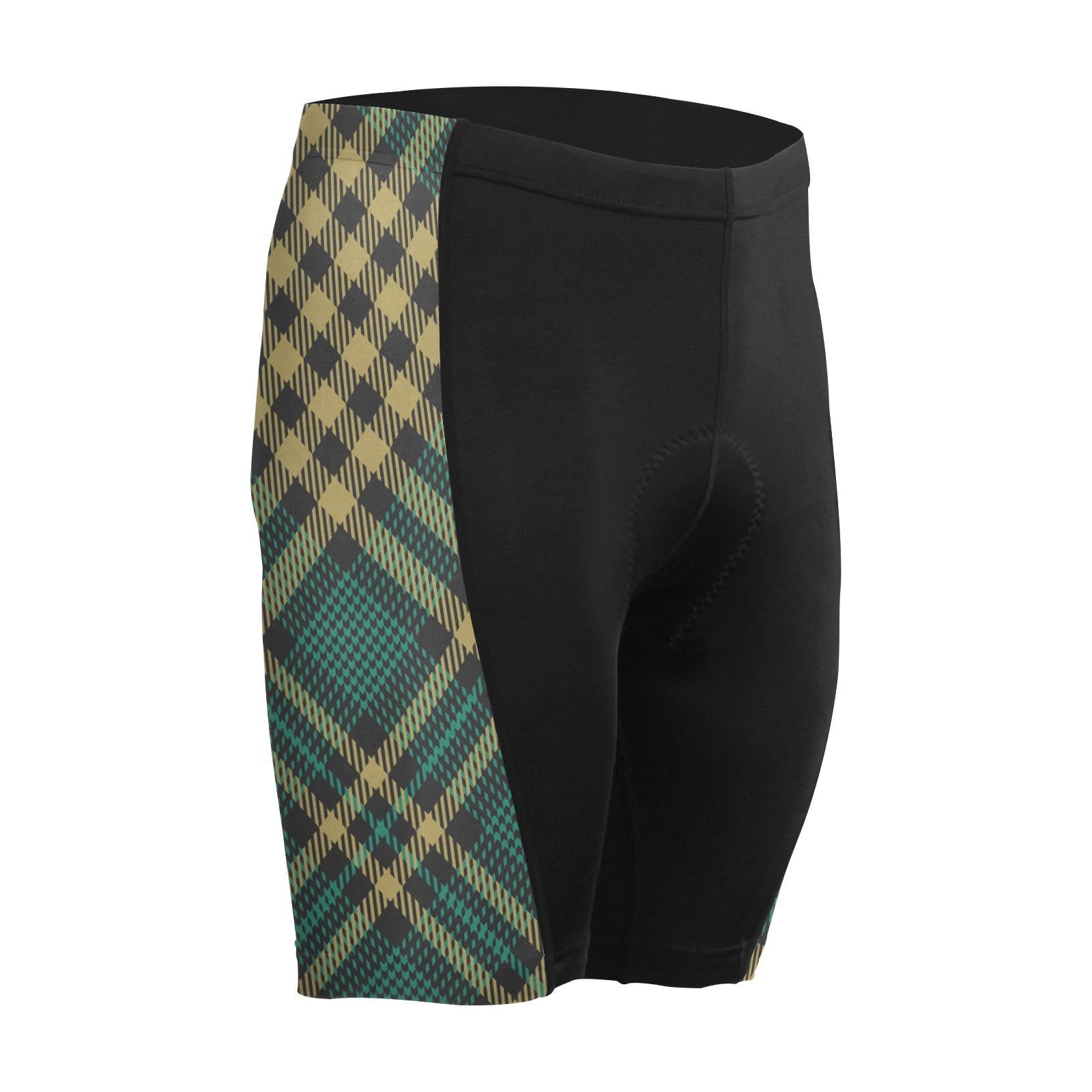 Men's Cycling Shorts, Padded Cyclings Pants, Cyclings Clothing with Leggings Worn in A Loop Scotland Plaid Black Gold Green