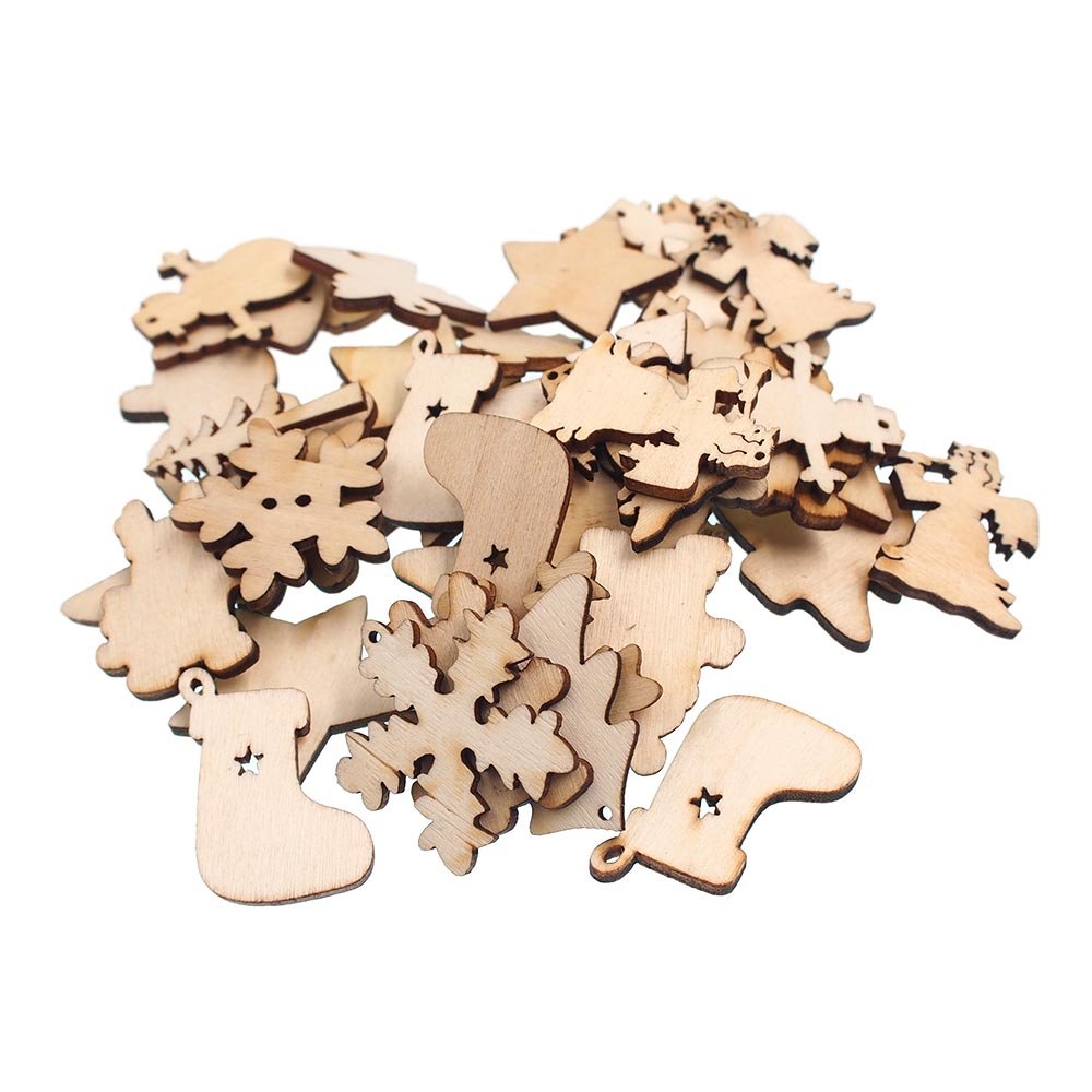 RayLineDo® 50pcs Natural Wooden Christmas Series Buttons Pendants Scrapbooking Embellishments DIY Craft Decor
