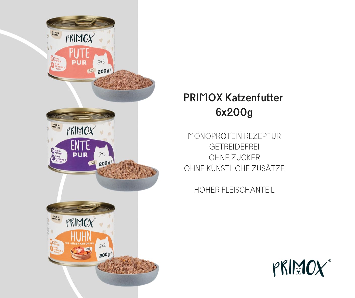 PRIMOX Katzenfutter nass Mix 3 Huhn, Ente, Pute, Rind, Wild & Lachs, 30x 200g + 6X 190g - Natürliches Nassfutter mit hohem Fleischanteil - Monoprotein-Quelle ohne Getreide & Zucker