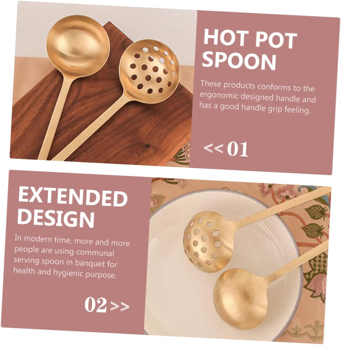 Ipetboom 2Pcs Pure Brass Extended Handle Soup and Slotted Ladle Thickened Food Serving Colander Spoons for Communal Meals Ergonomic Grip Cooking Utensils for Easy Scooping and Serving