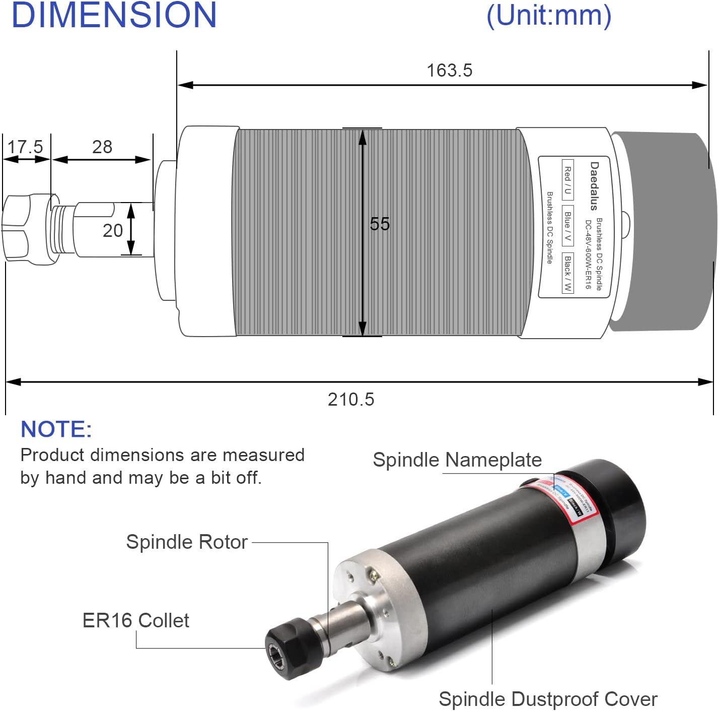 Daedalus CNC Brushless Spindle Motor Kit, 600w, ER16, 48V DC, 9000RPM