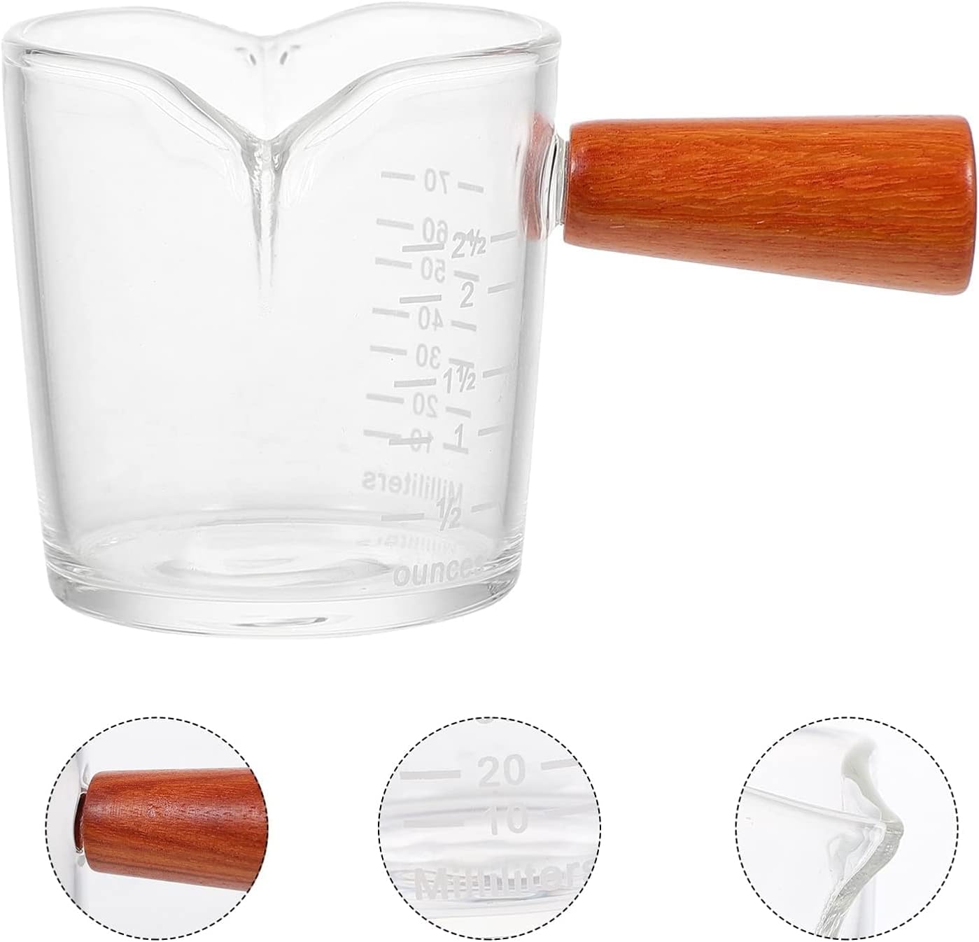 Eso Measuring Cup, Measuring Cup Double Spouts Milk Glass Measuring Cup with Scale and Wooden Handle (Transparent 10.5X8.2X6CM)