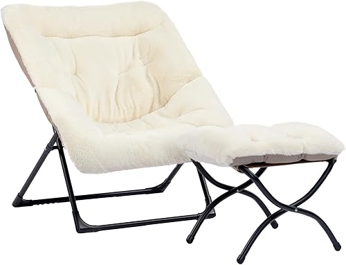 HollyHOME Silla platillo extragrande con otomana plegable, cómoda silla plegable de gran tamaño y reposapiés plegable, silla de lectura de piel