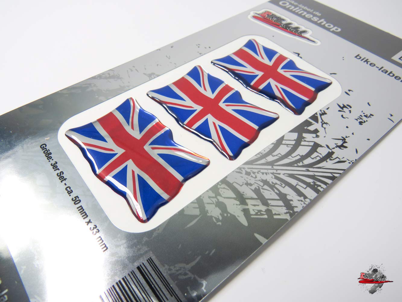 BIKE-label 3D Aufkleber Union Jack England Flagge - 50x25 Mm, Wetterfest, 3 Stück, Für Auto, Helm & Mehr