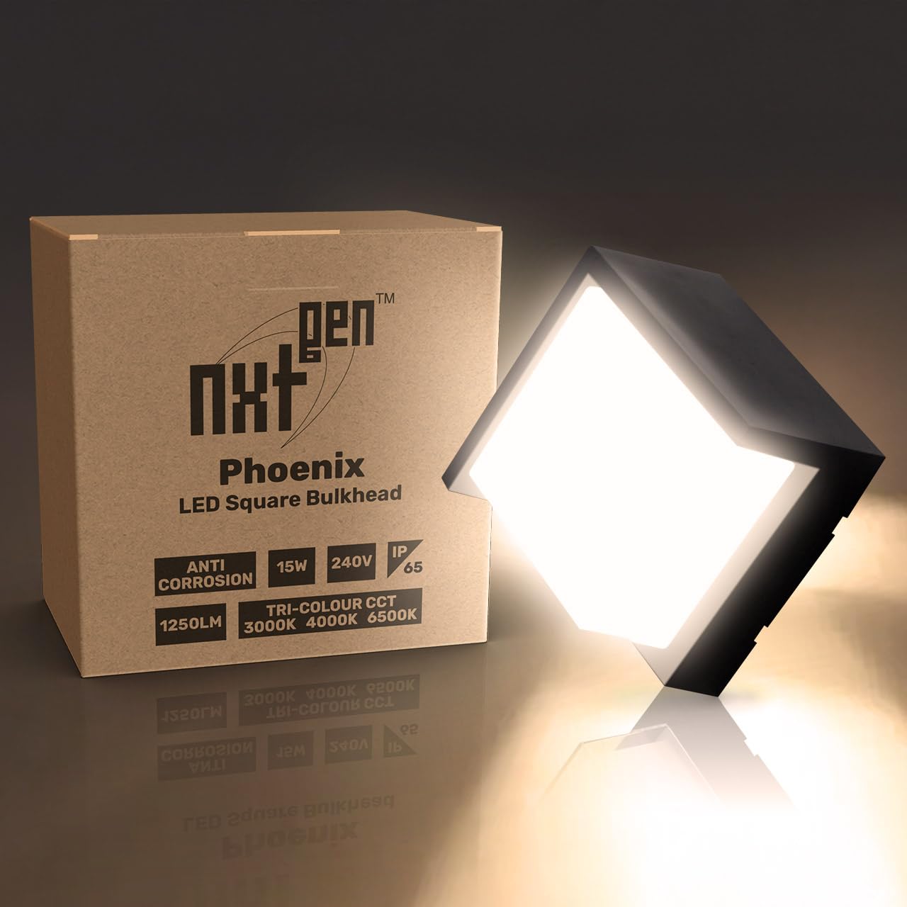 nxt gen Phoenix LED Square Bulkhead Lights 15W | Tri-Colour CCT 3000K-6500K | IP65 Water Resistant | Black Outdoor Wall Lights | Energy-Efficient 1250lm | Durable All-Weather Outdoor Lights