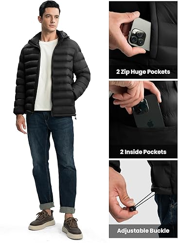 Miniatura 3 de TBMPOY Chaquetas acolchadas ligeras para hombre, capucha desmontable, resistente al agua, casual, abrigo de invierno con capucha con aislamiento