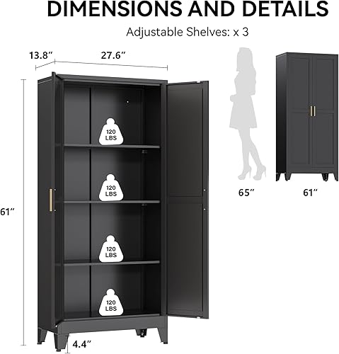 Miniatura 2 de COFaR Armario de despensa de 61 pulgadas de alto en negro, armario de almacenamiento moderno con estantes ajustables, armario de metal resistente