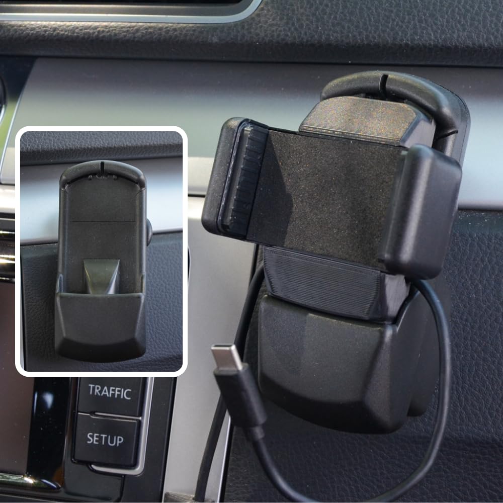 VW uchwyt na telefon komórkowy | dedykowany montaż | kabel do ładowania USB-C | pasuje do VW Passat, Golf, Touran, Polo, T5 (2003–2014)