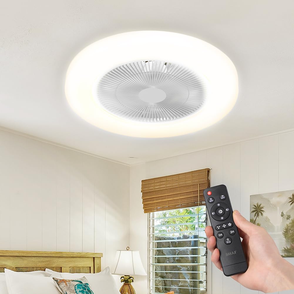 BAKAJI Ventilatore a Soffitto con Luce LED Bianco Caldo Freddo 80W, Tonalità Regolabile, Funzione Timer 1/2/4/8 ore, Telecomando Controllo a Distanza, Diametro 50 cm, Design Moderno, Ultra silenzioso