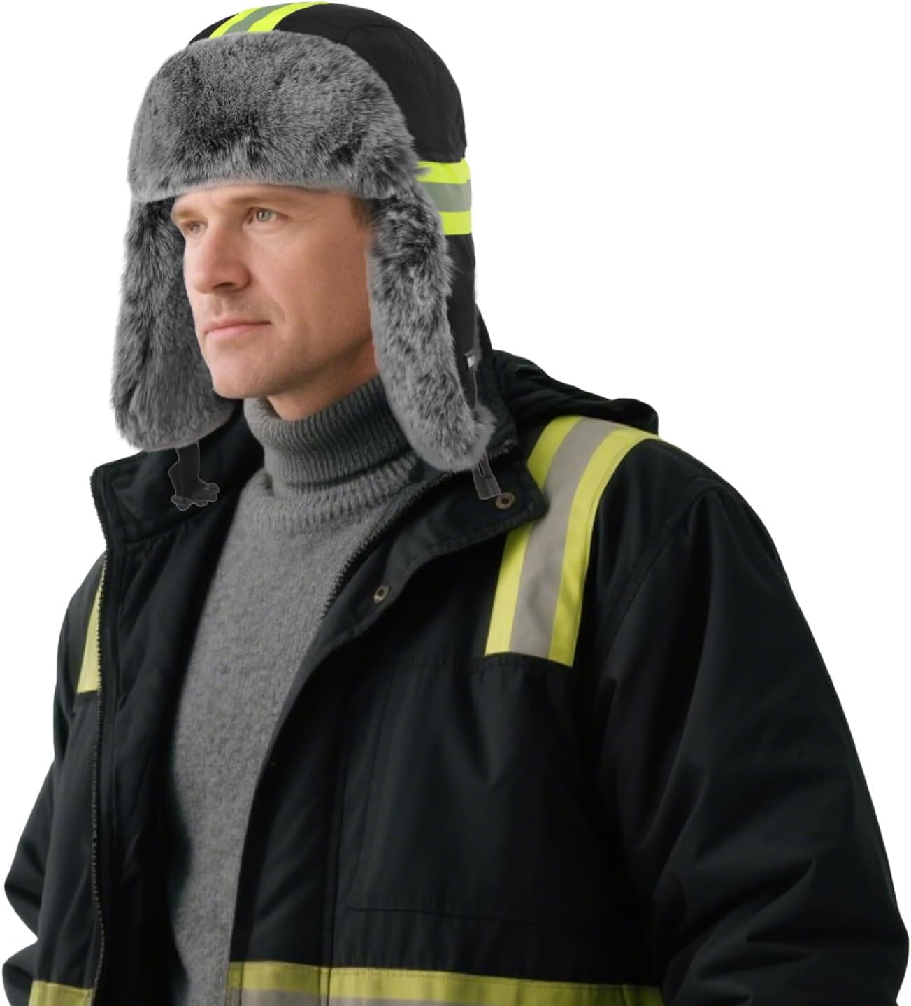 Hi Vis Trapper Hat with Ears Flaps Reflective Strip Trapper Hat Faux Fur Thickened Winter Cold Weather Windproof Skiing Cap - Image 2