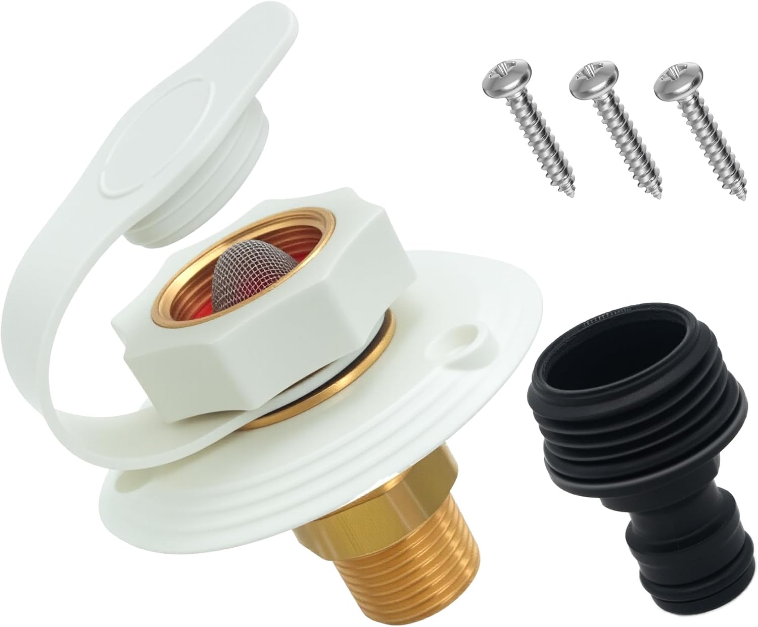 RV City Water Inlet Flange with Check Valve, 3/4" Garden Hose (Female) Inlet to 1/2" NPT (Male) Outlet, Brass Construction for Fresh Water Hookup, Easy Install for Camper Trailer Motorhome