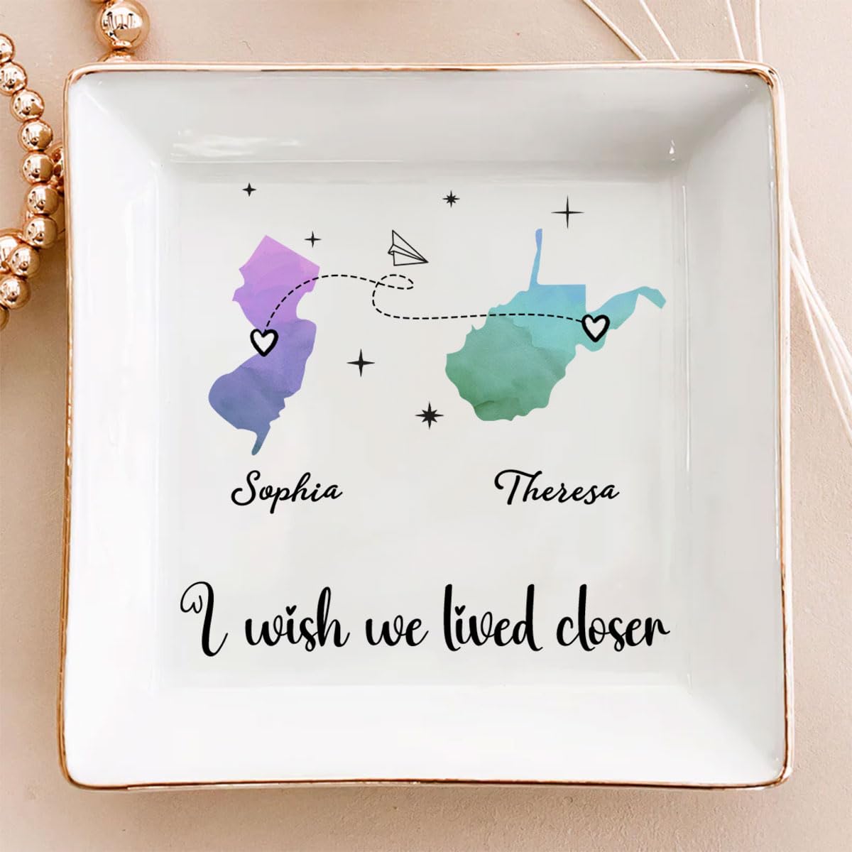 Wrappiness Personalized I Wish We Lived Closer Ceramic Ring Dish - Friendship Jewelry Dish Custom Ring Holder Gifts for Her Women Sisters BFF - Jewelry Tray for Best Friend