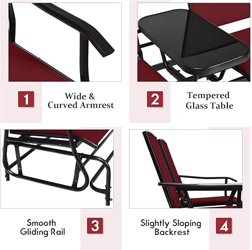 Miniatura 6 de Giantex Mecedora para exteriores con marco de metal, mesa central de vidrio templado, sofá biplaza para 2 personas, banco planeador de patio, silla