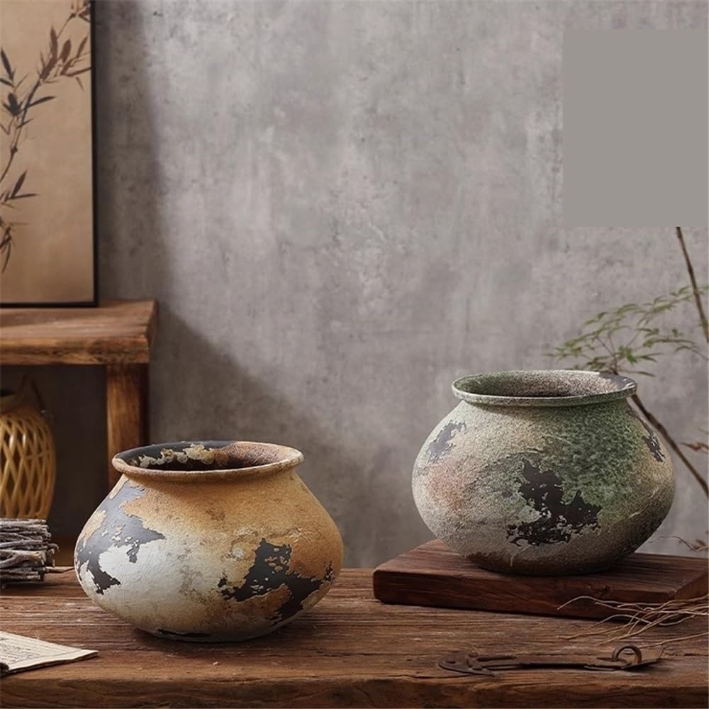 Doniczka Retro gruba gliniana wazony na kwiaty ​​Jingdezhen chiński styl doniczki duży kaliber antyczne doniczki sadzarka (Brown)
