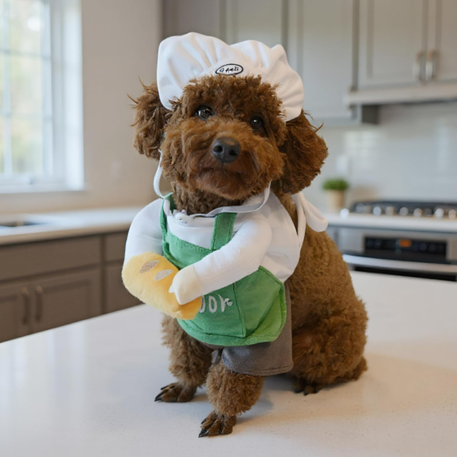Cat Costume Dog Clothes Chef Hat Apron Outfit with Bread Stand-Up Design for Pet Funny Cosplay Cute Photoshoot Pet Outfit for Cat Small to Large Dog (Chef Set,B4)