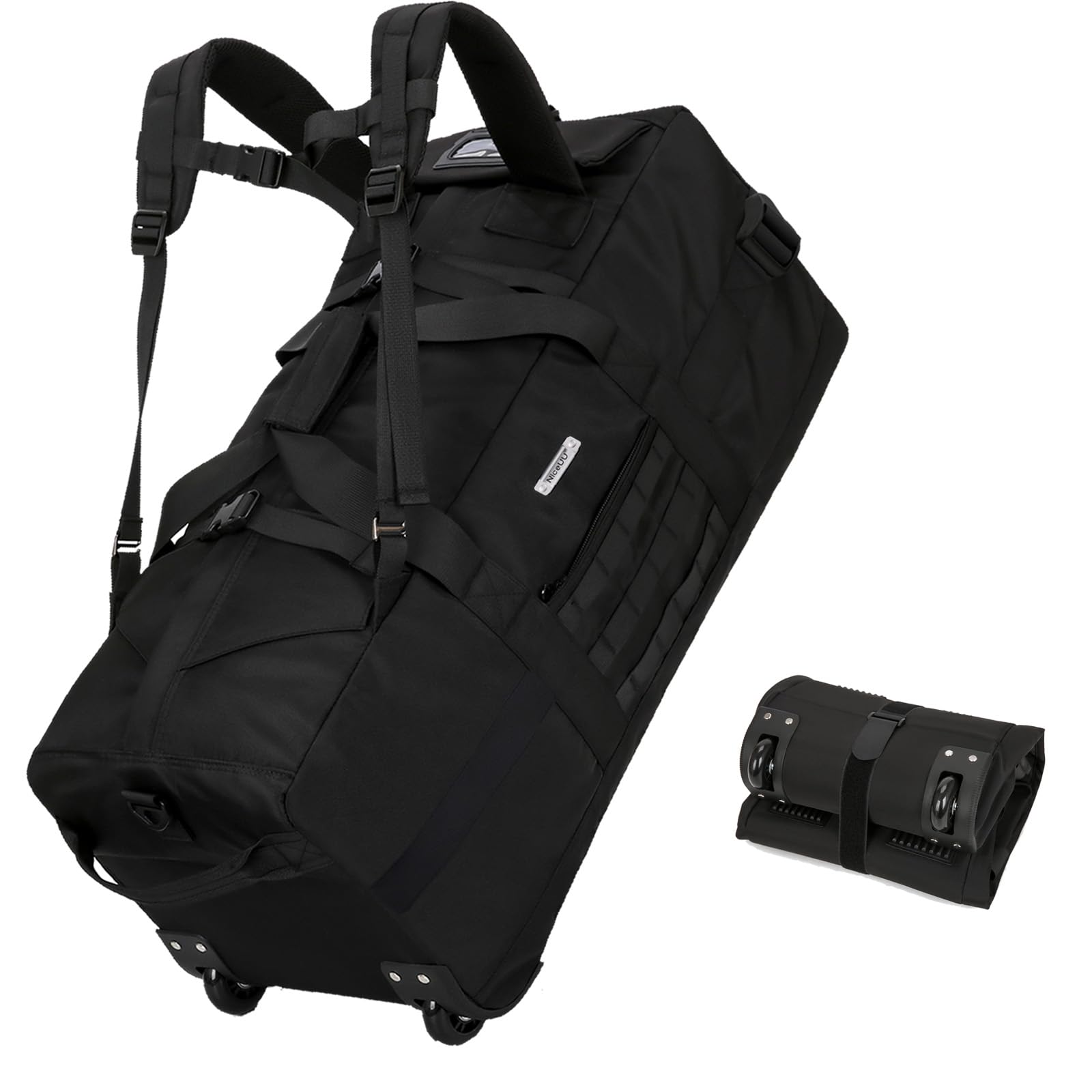 80L Waterproof Rolling Duffel Bag with Quick-Release Straps Military Tactical Wheeled Foldable for Deployment Travel Camping Sports Black