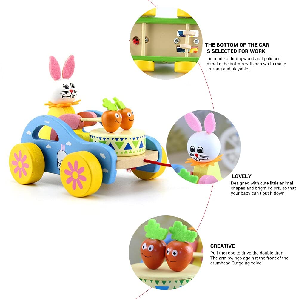 Prime Choice Toys Wooden Drum Musical Pull Along, Baby Early Walking Rope Toy, Vehicle for Babies, Wood, Multi Color (Pack of 1) (Bunny) 3