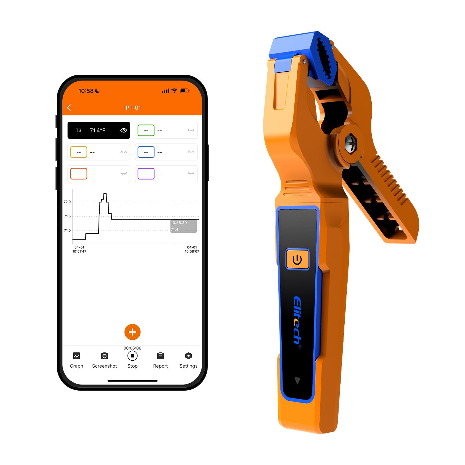 Elitech IPT-01 Morsetto di temperatura senza fili – Termometro tipo T con app Bluetooth, registrazione dati e monitoraggio remoto – Sensore di temperatura HVAC per misuratori digitali Manifold