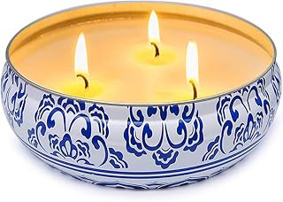 Citronella Candles Outdoor, Large 3 Wicks Soy Wax Candles in Blue and White Tin with Lid, 75 Hour Burn for Patio, Yard, Balcony, Camping, Indoor