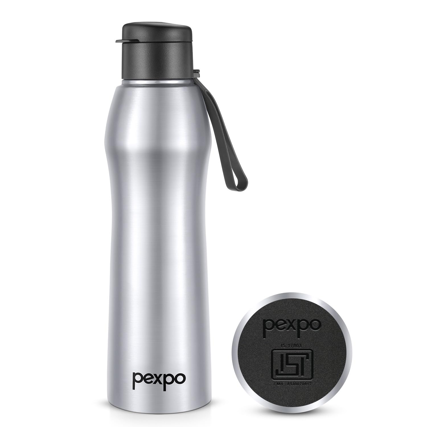 PEXPO Georgia 1000 ISI Certified Stainless Steel Sports/Fridge Sipper - 880ml | Silver | Single Walled Silicone Strap | BPA-free | Leak-Proof | Suitable for Home, Office, Travel, Men, Women & Kids