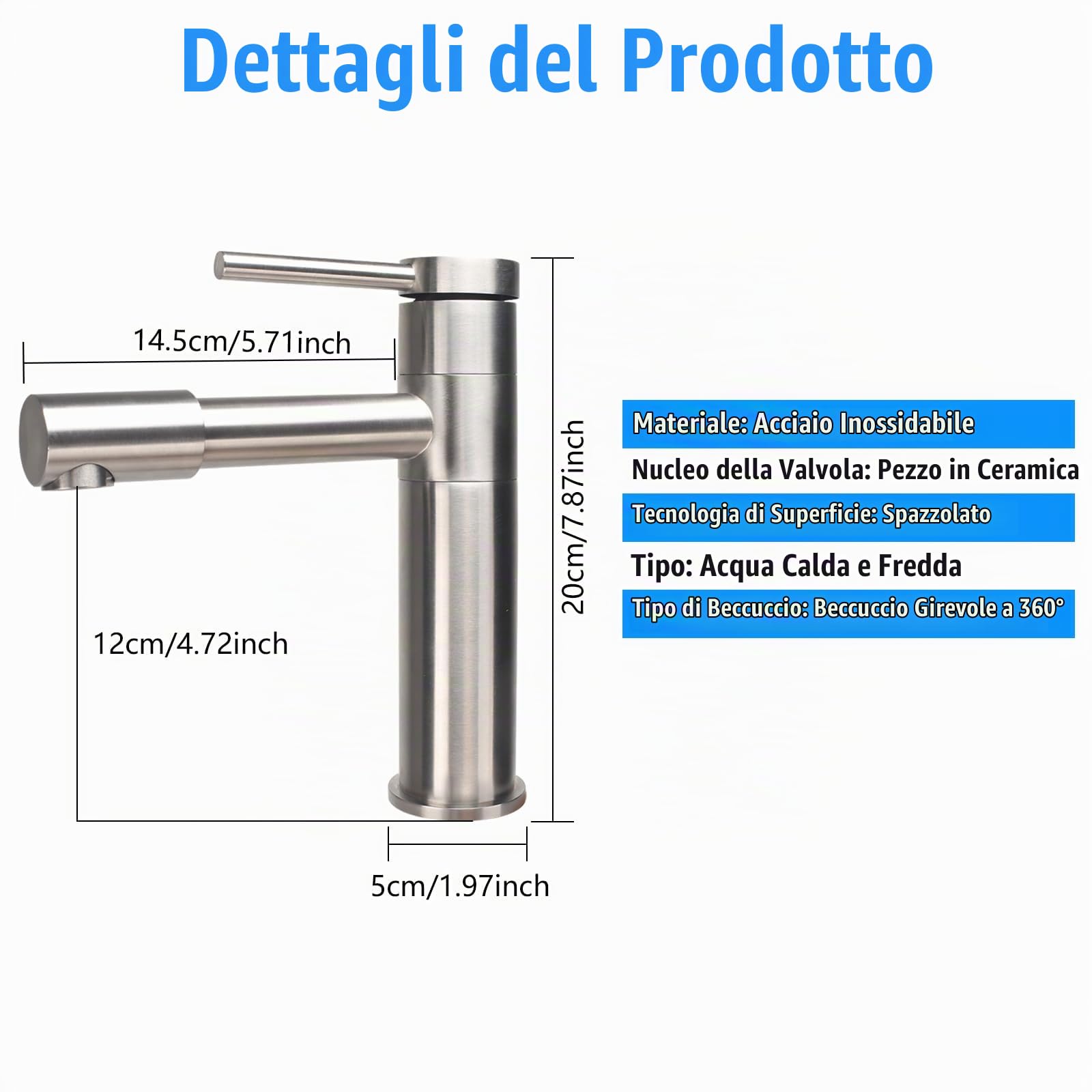 Rubinetto Bagno Lavabo 360° Girevole Miscelatore Lavabo Bagno | Rubinetto Monocomando Fredda e Calda Rubinetto per lavabo con Cartucce in Ceramica in Acciaio Inox Spazzolato Argento