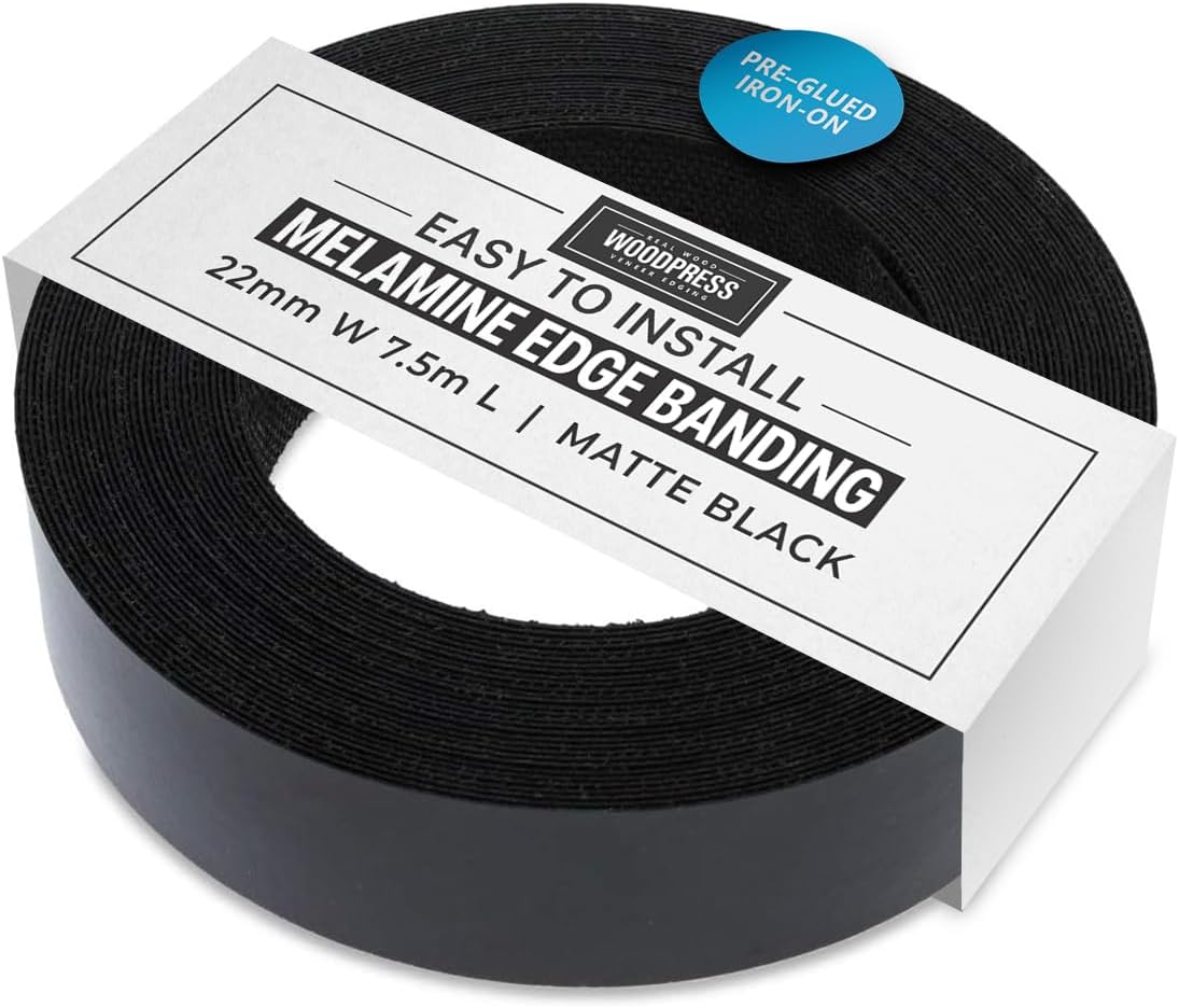 22mm Matt Black Melamine Edging, Pre-Glued Veneer Tape – 7.5m Roll - Iron-On for Easy DIY Application – Will Cover the Edge of a Standard MDF Panel