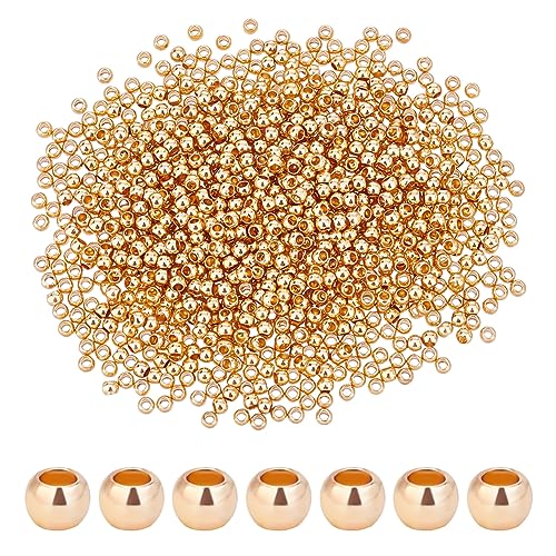 PH PandaHall 600pcs 4mm 14K Gold Plated Brass Beads Long-Lasting Smooth Spacer Beads Seamless Loose Ball Beads Gold Metal Beads for Summer Hawaii Necklaces Bracelets