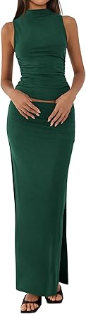 BTFBM Summer Two Piece Skirt Set for Women 2025 Dressy Lightweight Sleeveless Knit Top Going Out Split Maxi Skirt Set
